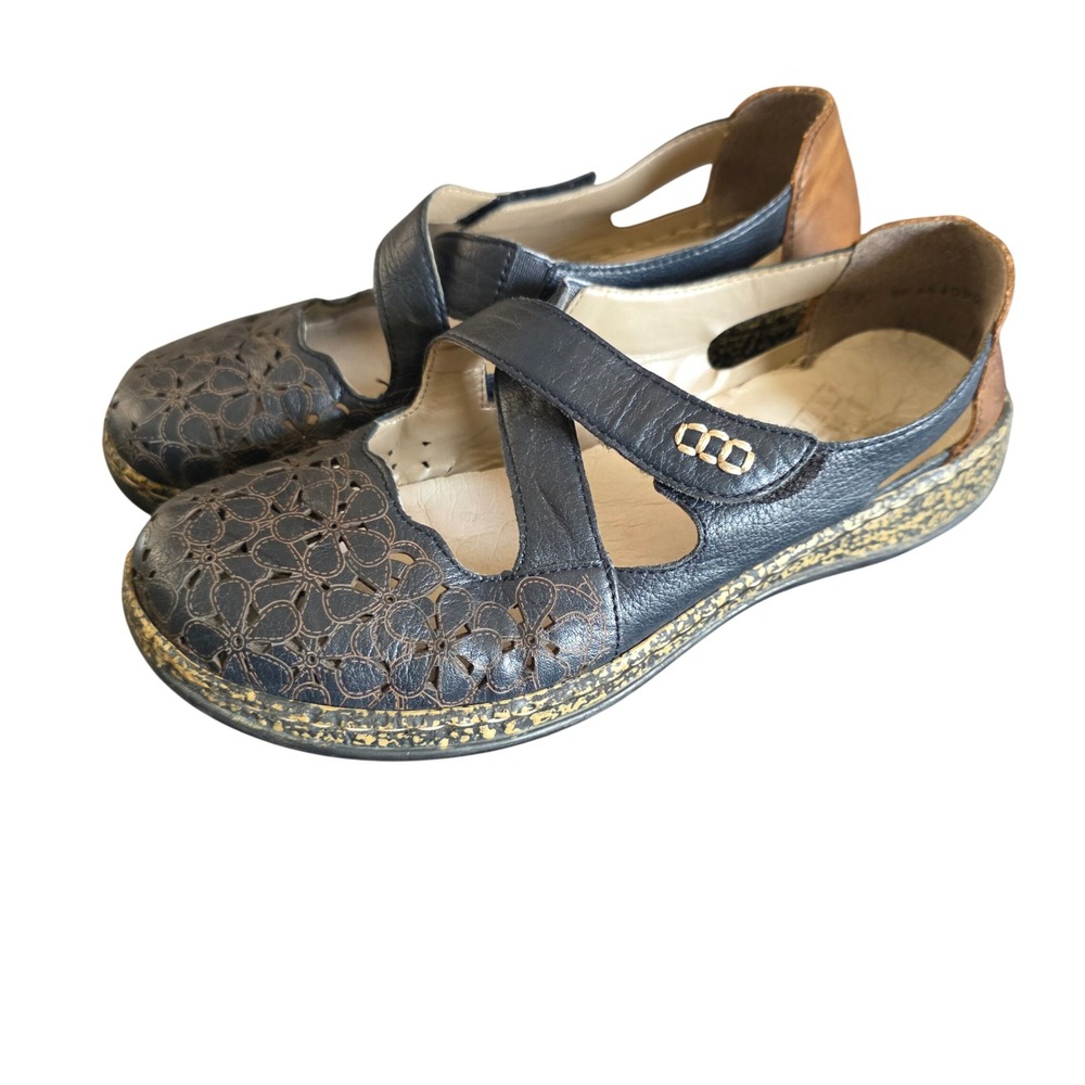 Rieker Antistress Womens Navy Blue Leather Floral Cut Out Mary Jane Flats 39